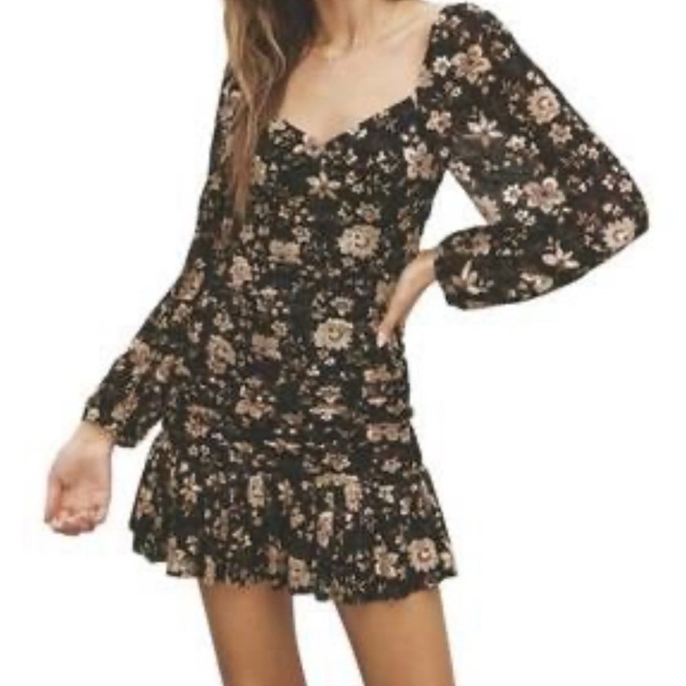 Dress Forum Ruched Black and Gold Floral Bodycon Mini Foliage Midnight Size M